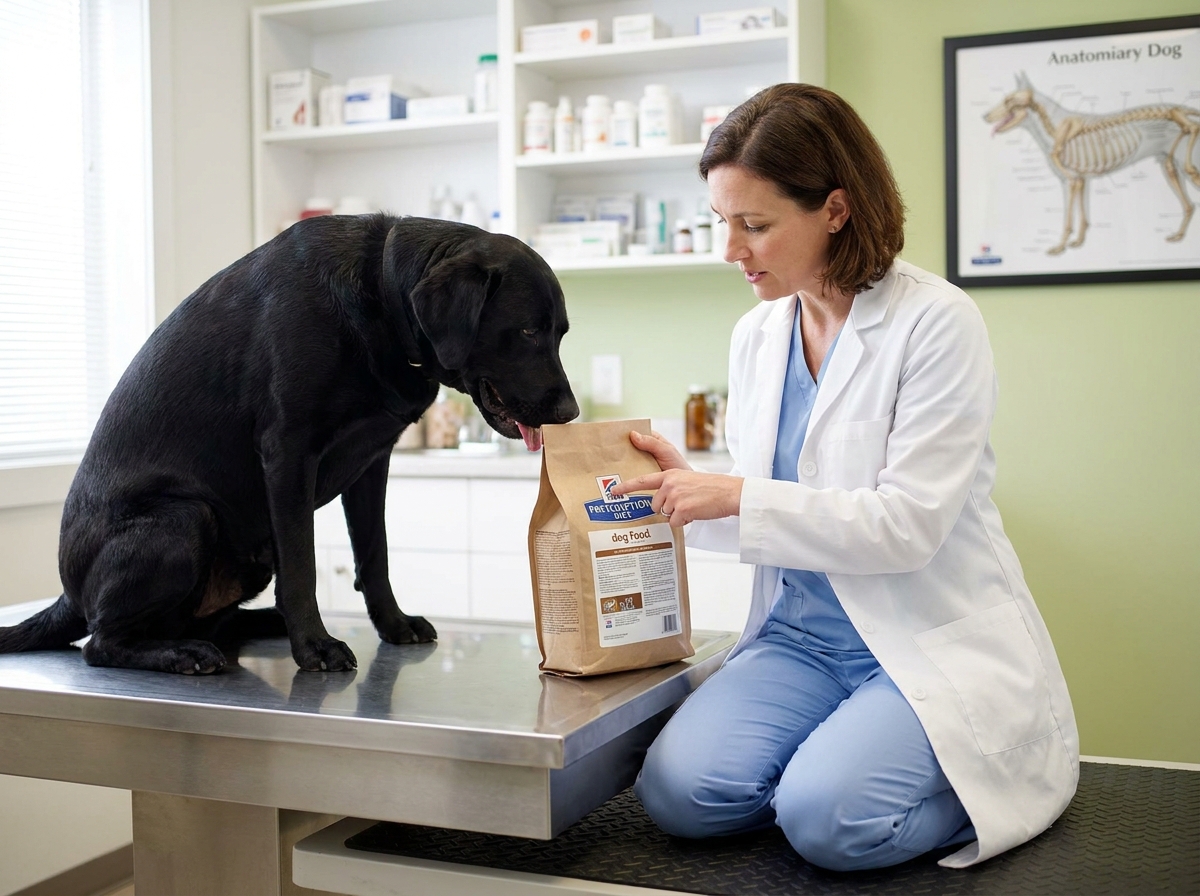 Vétérinaire présentant des croquettes médicalisées à un labrador noir lors d'une consultation vétérinaire