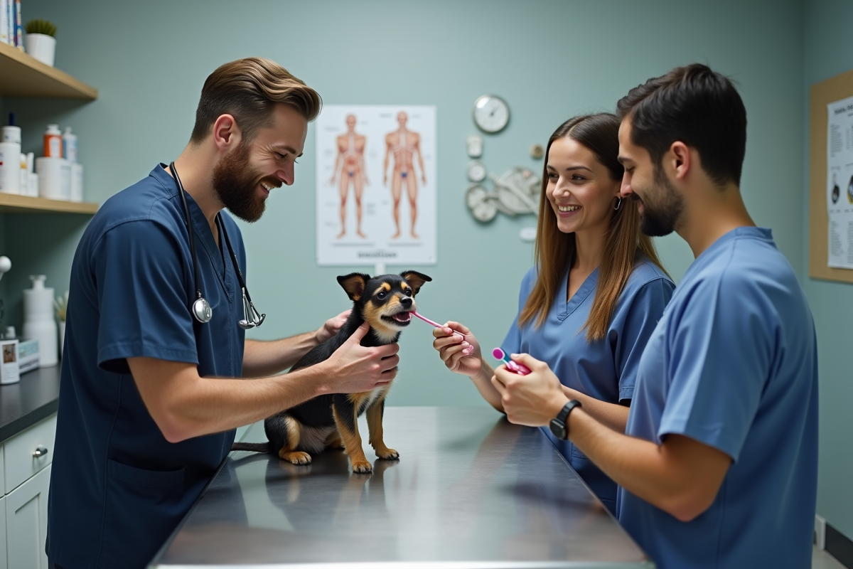 Vétérinaire montrant le soin dentaire à un couple dans une clinique