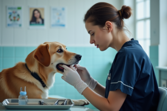 Vétérinaire femme examine la dent d'une chienne en clinique
