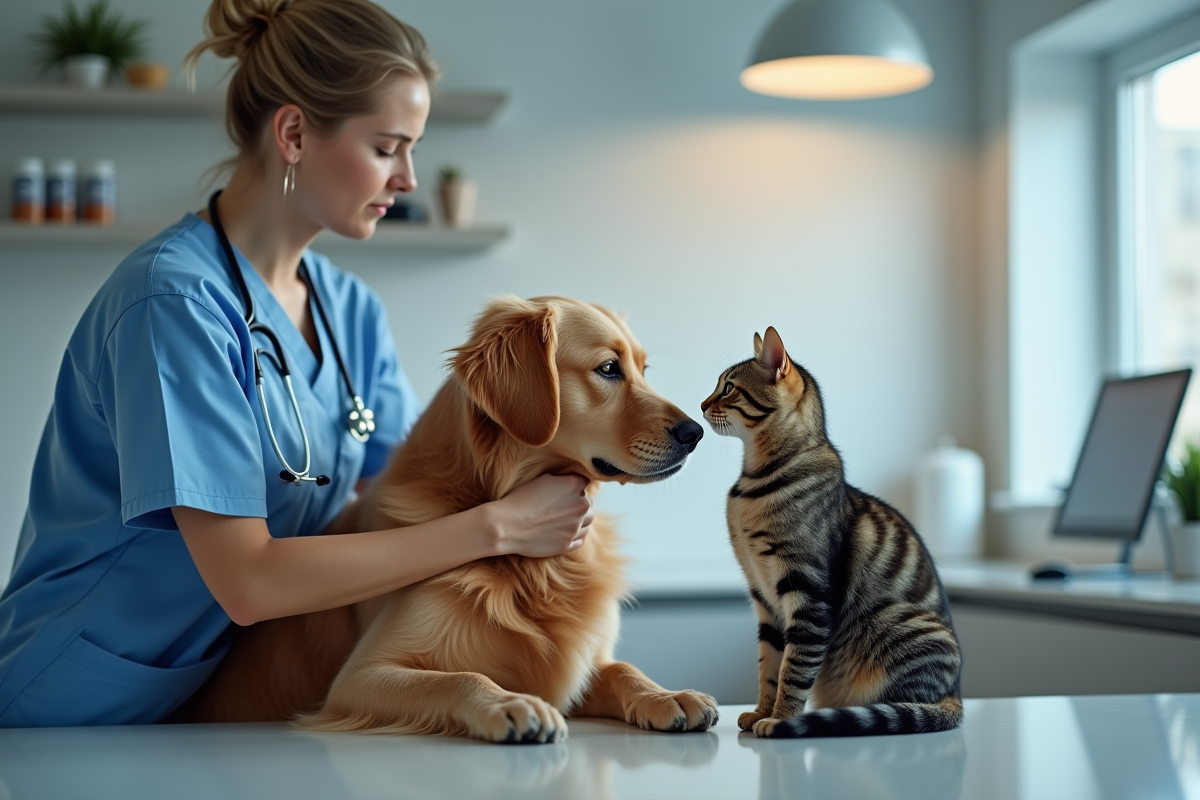 Vétérinaire examinant un chien âgé et un chat dans une clinique