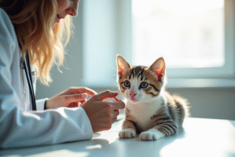Vétérinaire examinant un chat curieux sur une table blanche