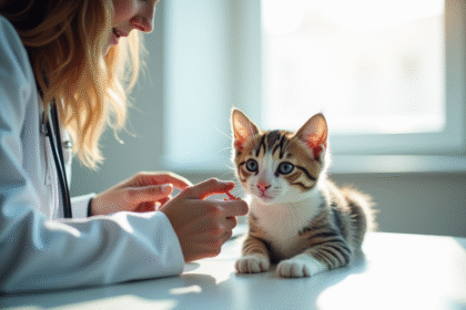 Vétérinaire examinant un chat curieux sur une table blanche