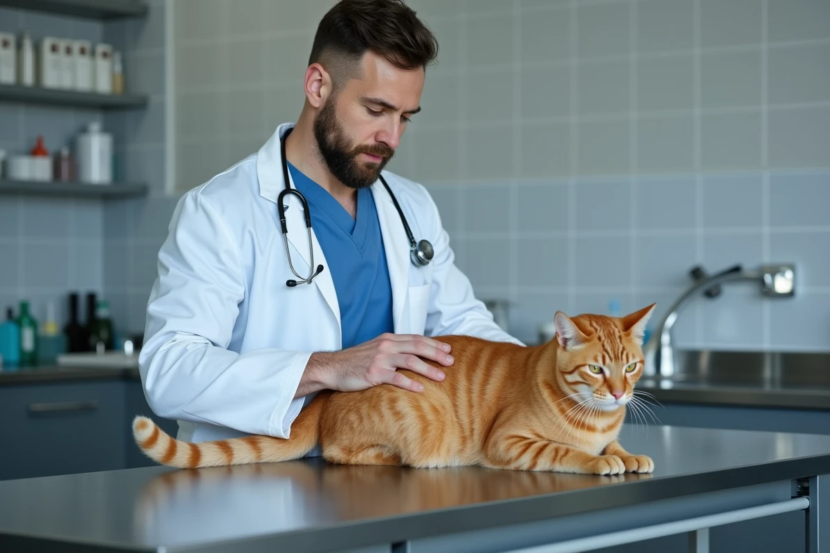 Vétérinaire examinant un chat roux en consultation dans une clinique vétérinaire professionnelle
