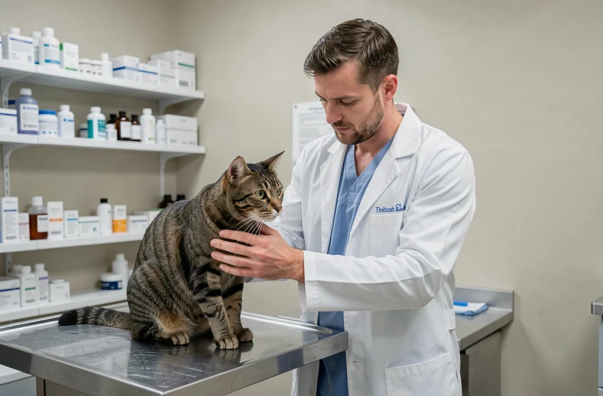 Vétérinaire examinant un chat tigré sur une table d'examen dans une clinique vétérinaire moderne