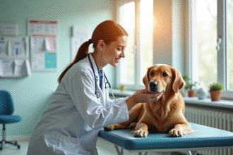 Vétérinaire souriante examinant un golden retriever dans une clinique moderne