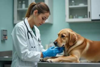 Vétérinaire examinant un golden retriever dans une clinique vétérinaire, illustrant une consultation d'urgence remboursée par une assurance animaux