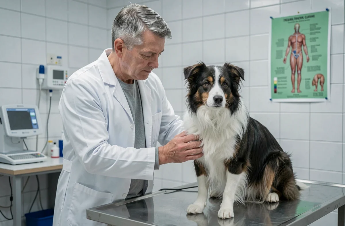 Vétérinaire examinant un border collie en clinique, évoquant les remboursements d'assurance animale