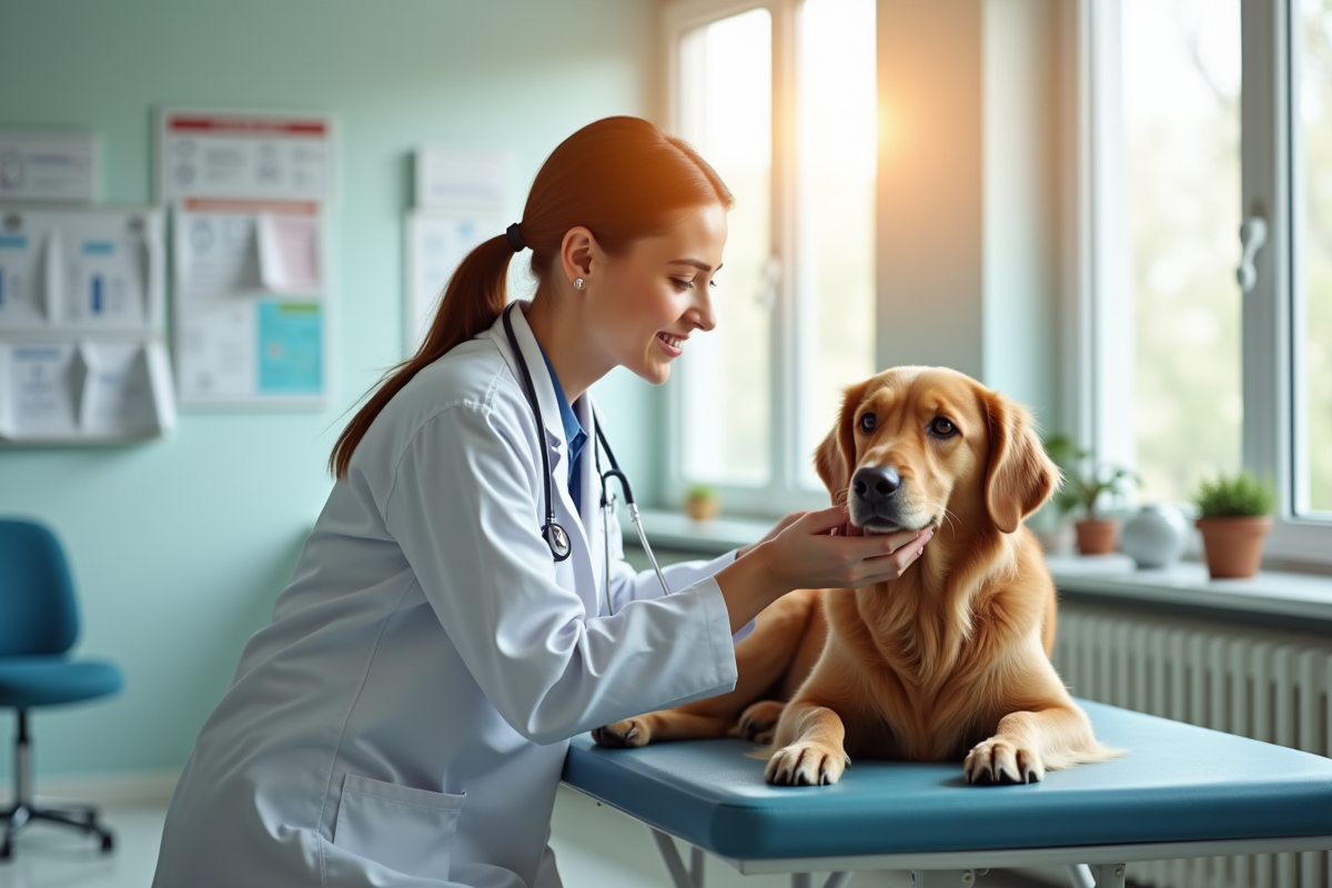 Vétérinaire souriante examinant un golden retriever dans une clinique moderne