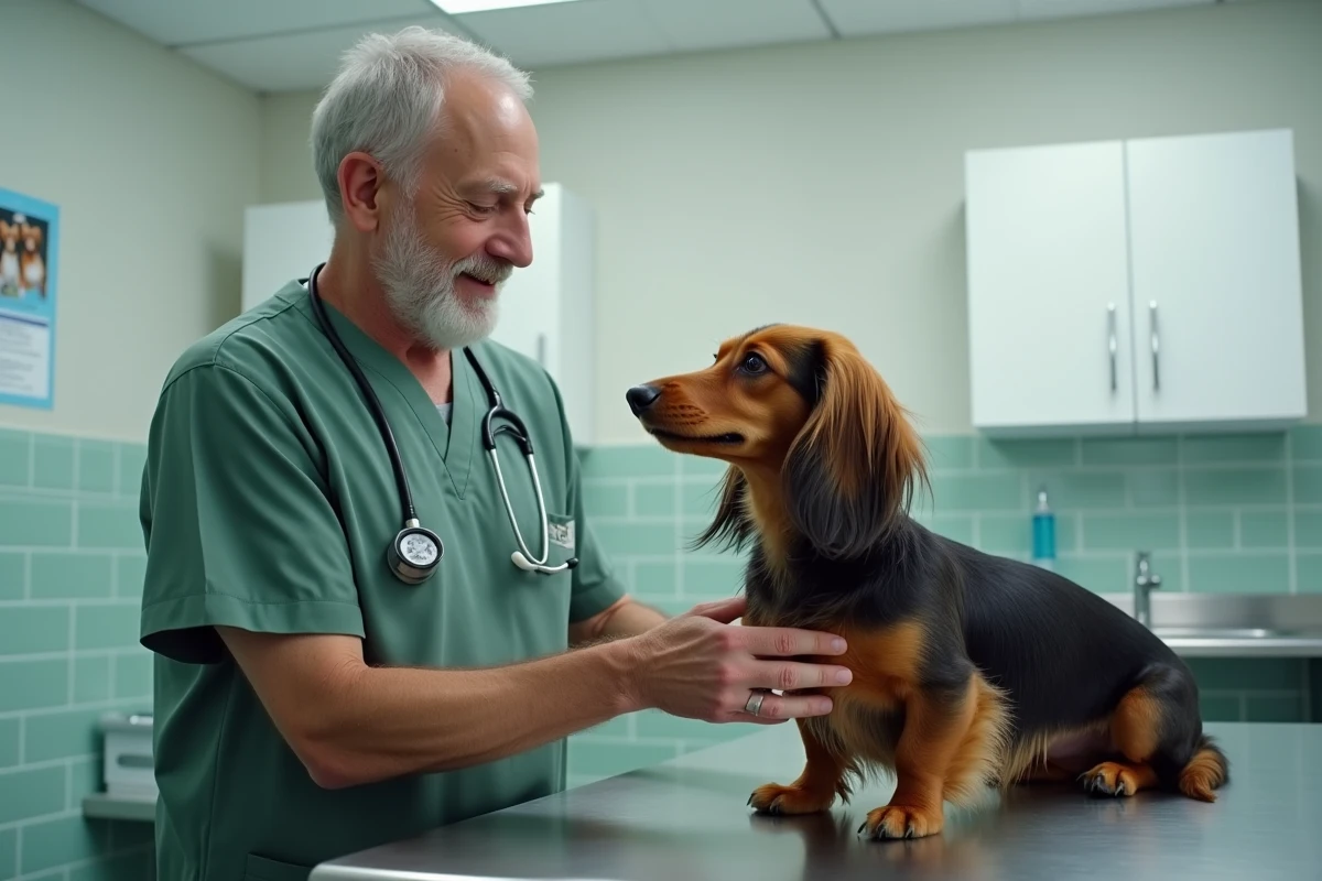 Vétérinaire examine un chien dachshund en clinique