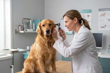 Vétérinaire examinant un golden retriever sur une table d'examen pour évaluer son état de santé avant de choisir une assurance chien adaptée à sa race