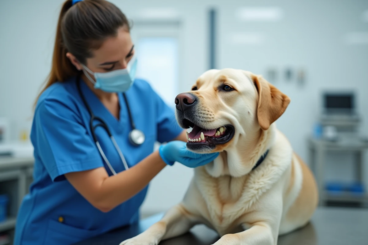 Vétérinaire examinant la mâchoire d'un labrador senior lors d'une consultation clinique