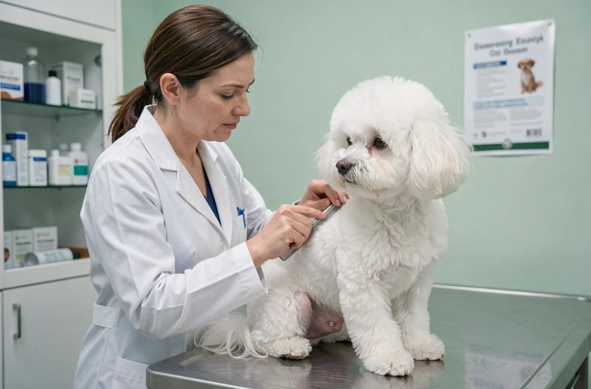 Vétérinaire examinant la peau et le pelage d'un Bichon Maltais pour diagnostiquer démangeaisons et irritations