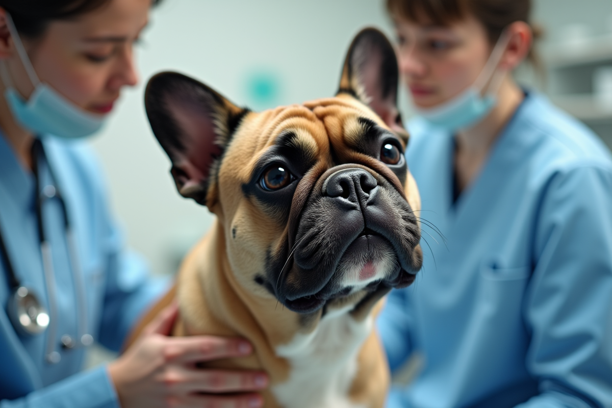 Vétérinaire examinant un bulldog français adulte en clinique