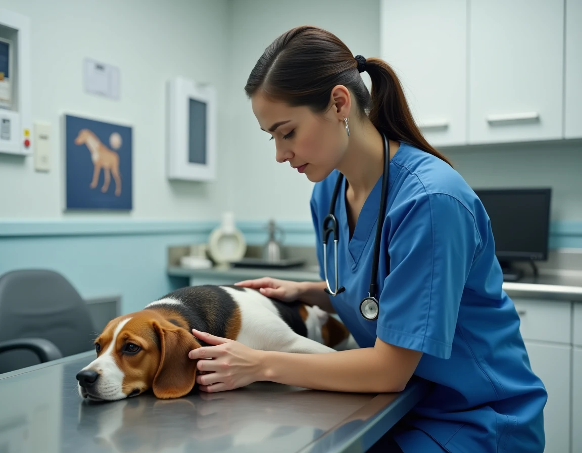 Vétérinaire examinant un chien beagle allongé sur une table d'examen en clinique vétérinaire pour diagnostiquer des vomissements