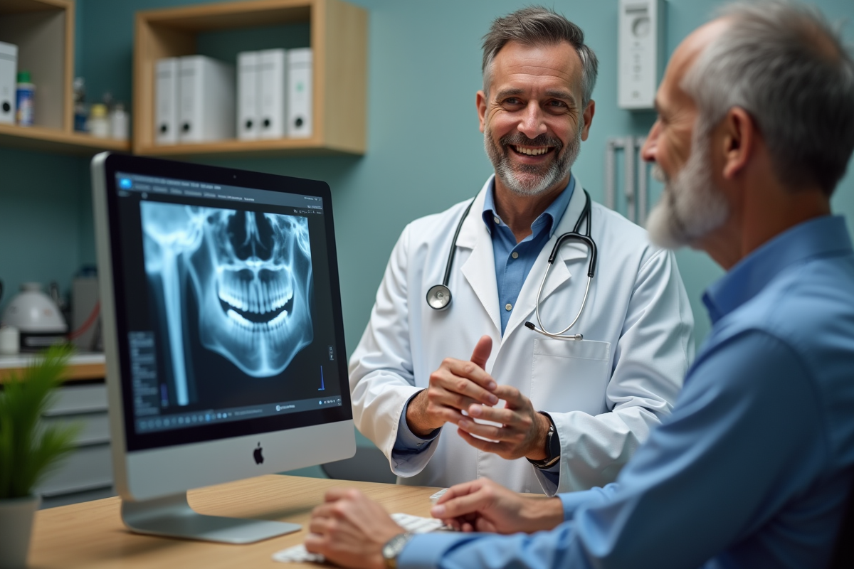 Vétérinaire homme montre une radio dentaire à un propriétaire