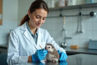 Vétérinaire examinant un hérisson sur une table d'examen dans une clinique NAC abordable