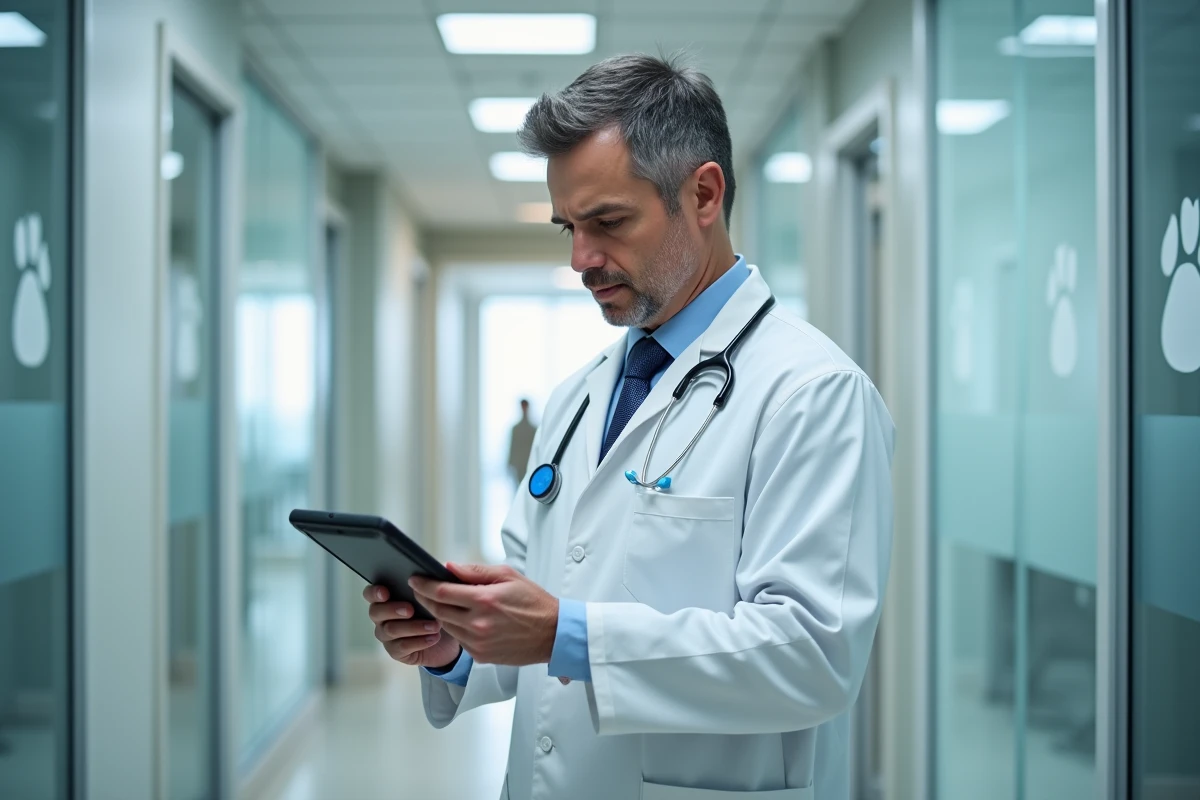 Vétérinaire homme en blouse blanche dans une clinique moderne