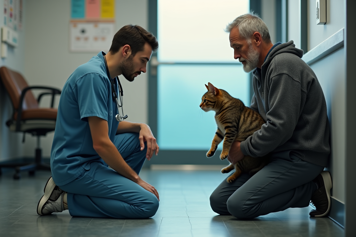 Vétérinaire réconfortant un chat avec un homme dans une salle de consultation