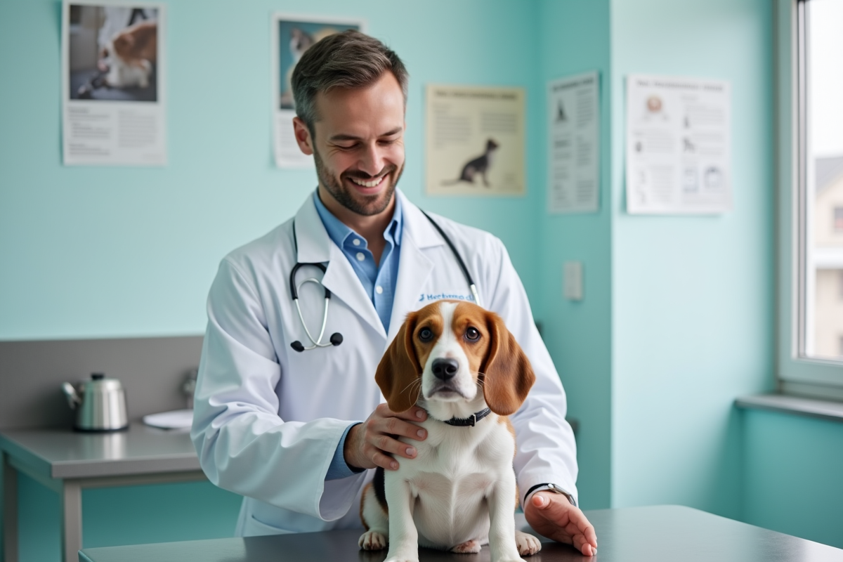 Vétérinaire rassurant un jeune beagle lors d