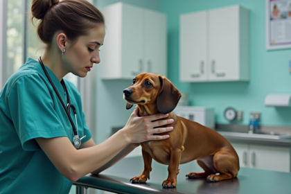 Vétérinaire examinant un chien dachshund dans une clinique