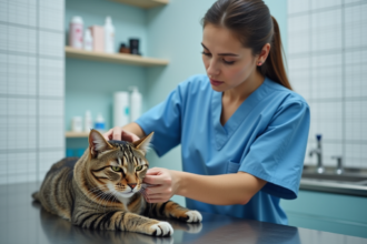 Vétérinaire en action avec un chat lors d'une consultation