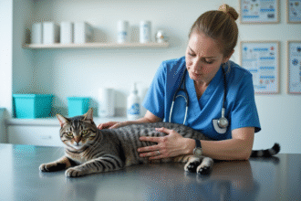 Vétérinaire examinant un chat gris en clinique