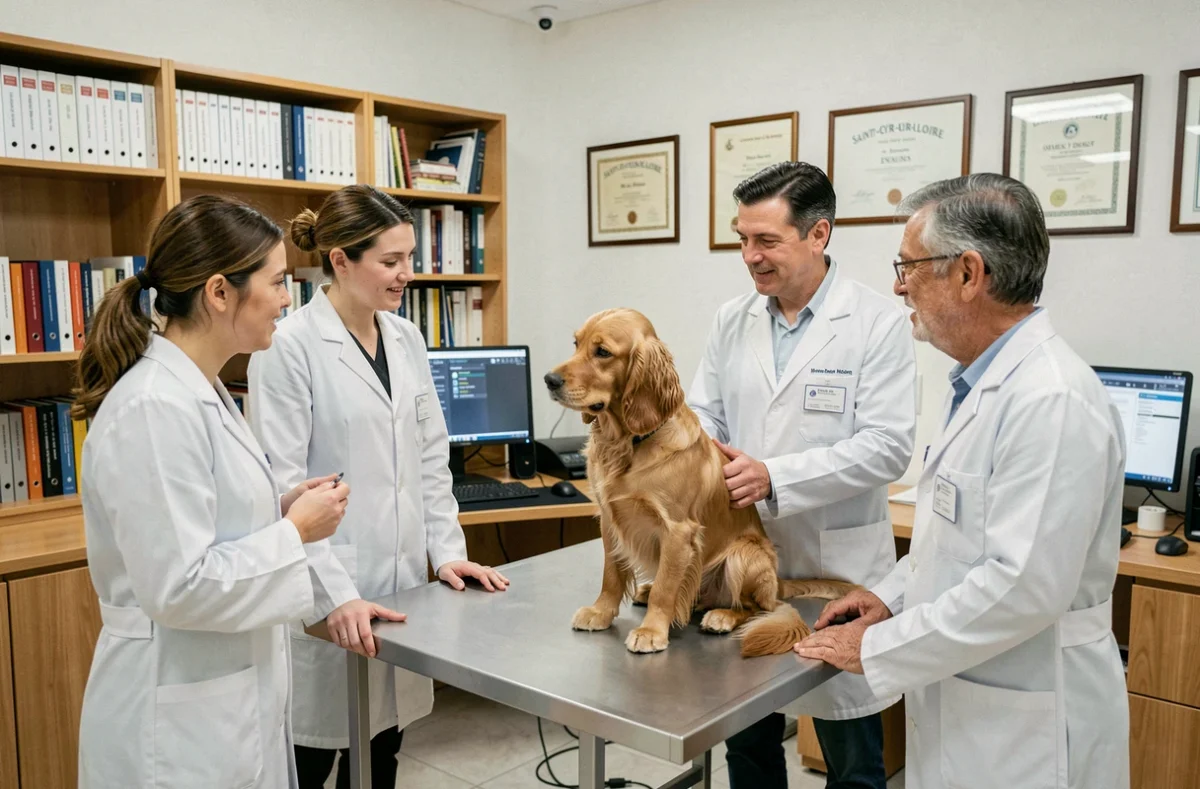 Équipe de vétérinaires Vetloire Saint-Cyr examinant un cocker dans une salle de consultation